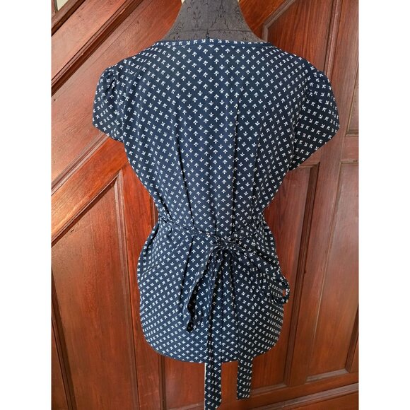 Tommy Hilfiger Womens Navy Blue Short Sleeve Button-Down Blouse With Tie Waist M - Picture 2 of 8